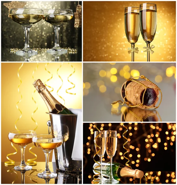 Kerstmis collage. glazen van champagne op glans achtergrond — Stockfoto