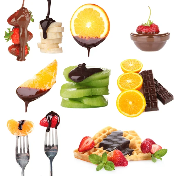 El postre sabroso collage - las frutas con el chocolate aislado sobre blanco —  Fotos de Stock