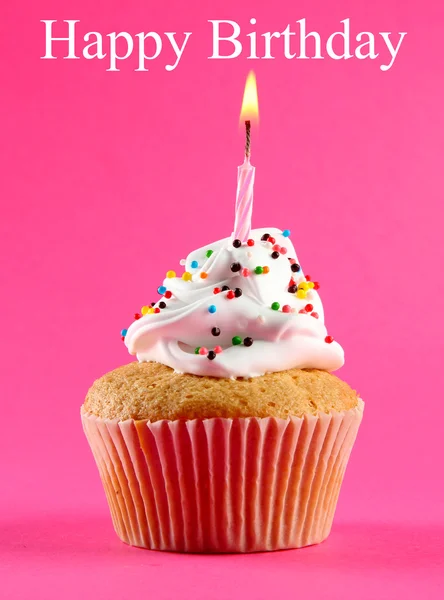 Cartolina di compleanno.Gustoso cupcake di compleanno con candela — Foto Stock
