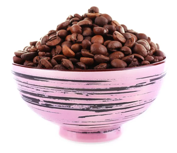 Coffee beans in big lilac bowl isolated on white — Stock Photo, Image