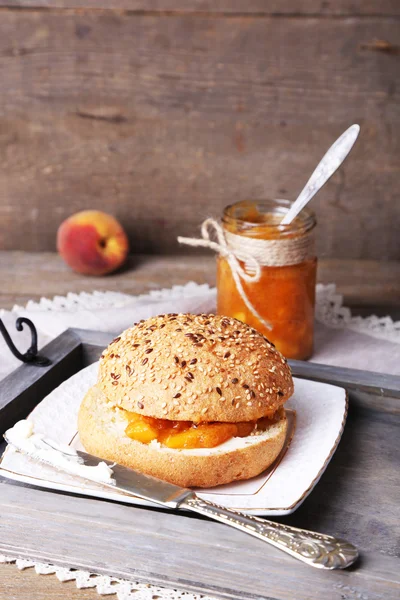 stock image Tasty bun with homemade jam