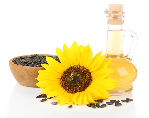 Girasol con semillas y aceite aislado en blanco —  Fotos de Stock