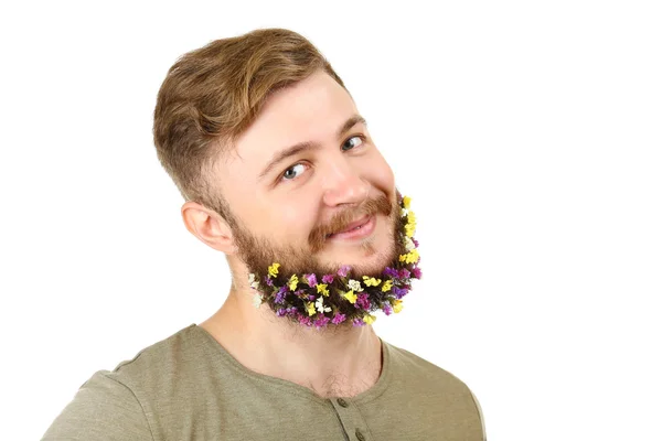 Portrait of handsome man with beard of flowers isolated on white — Stock Photo, Image