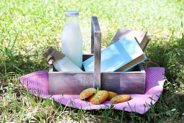 Tasty snack in basket on grassy background for spending nice weekend in a park