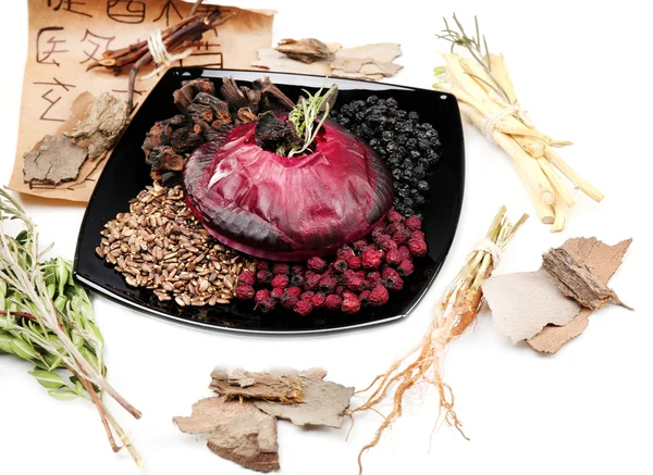 Traditional chinese herbal medicine ingredients with not real hieroglyphs, close-up — Stock Photo, Image