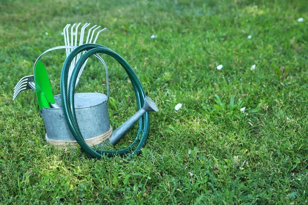 Garden tools on green grass background — 스톡 사진