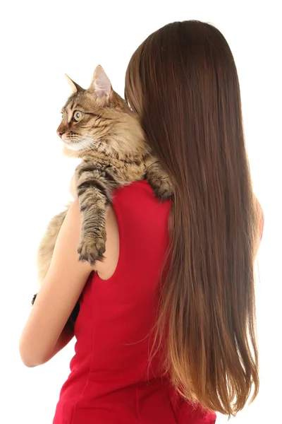 Mujer joven sosteniendo gato aislado en blanco — Foto de Stock