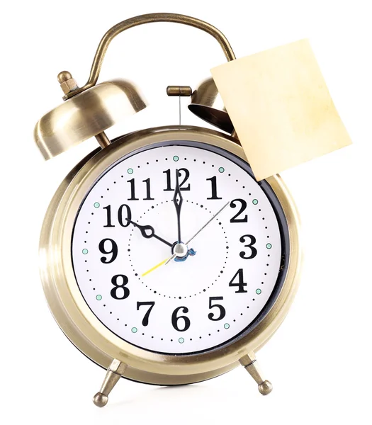 Alarm clock with sticker isolated on white — Stock Photo, Image