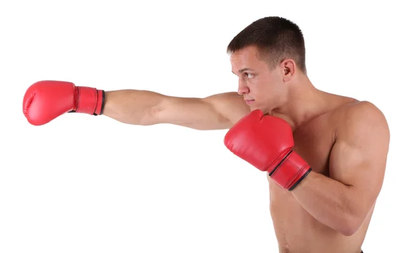 Guapo joven deportista muscular con guantes de boxeo aislados en blanco — Foto de Stock