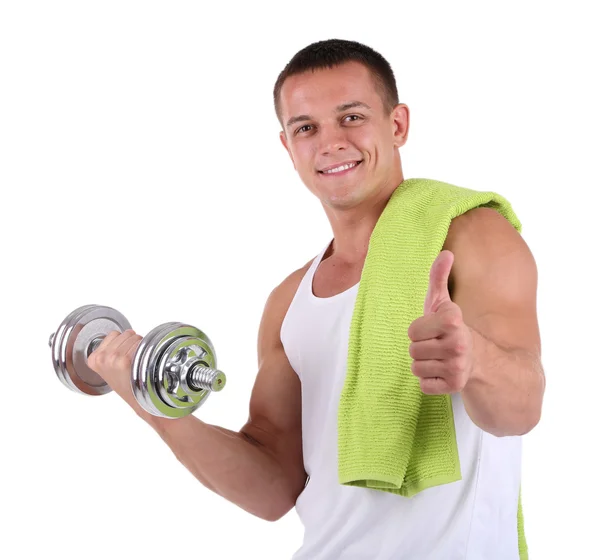 Giovane sportivo muscoloso con manubrio e asciugamano isolato su bianco — Foto Stock