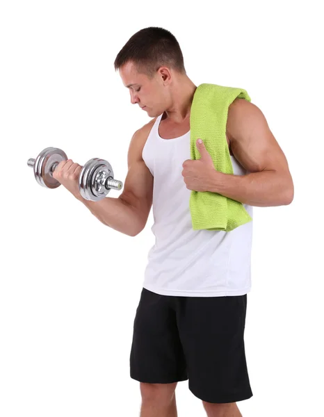 Young muscular sportsman with dumbbell and towel isolated on white — Stock Photo, Image