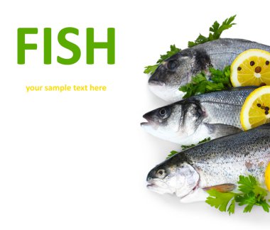 limon, maydanoz ve baharat üzerine beyaz izole taze balıklar