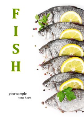 limon, maydanoz ve baharat üzerine beyaz izole taze balıklar
