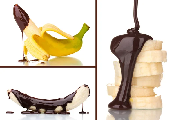 Gustoso collage dessert - banana con cioccolato isolato su bianco — Foto Stock