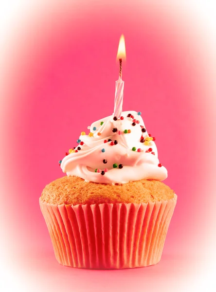 Tasty birthday cupcake with candle — Stock Photo, Image