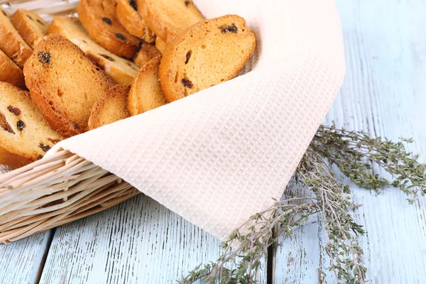 Homemade croutons on table in kitchen, close up — Stock Photo, Image