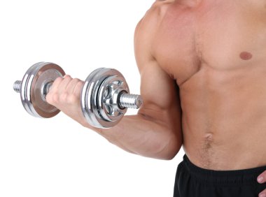 Genç kaslı sporcu ile üzerine beyaz izole dumbbell egzersiz yürütmek