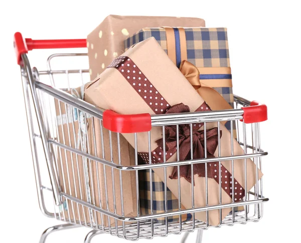 Present boxes in shopping cart — Stock Photo, Image