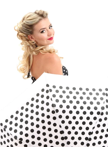 Schöne Glamour-Girl mit Regenschirm, isoliert auf weiß — Stockfoto