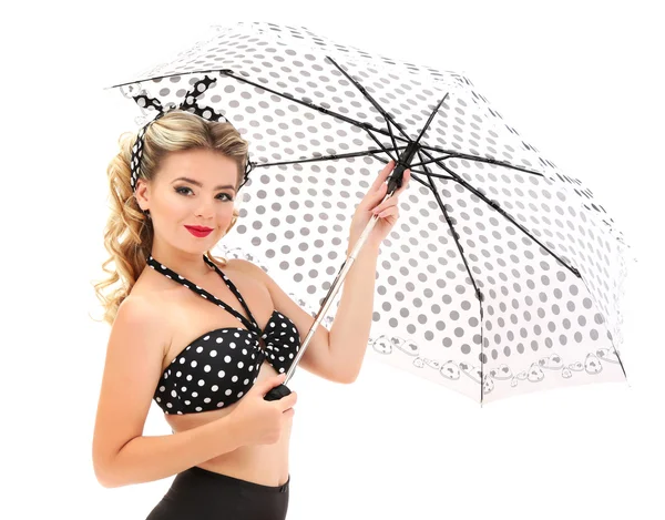 白で隔離の傘で美しいグラマー ガール — ストック写真