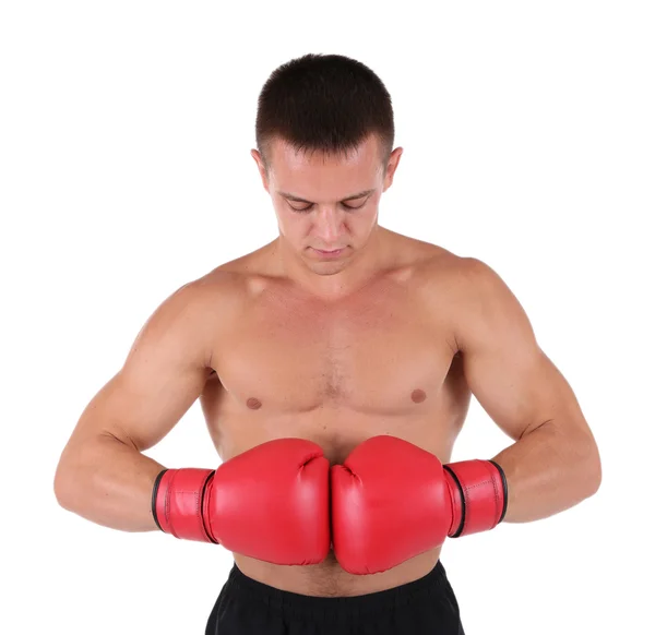 Guapo joven deportista muscular con guantes de boxeo aislados en blanco —  Fotos de Stock