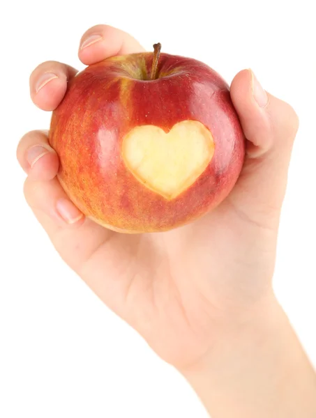 Manzana roja con corazón en manos aisladas en blanco —  Fotos de Stock