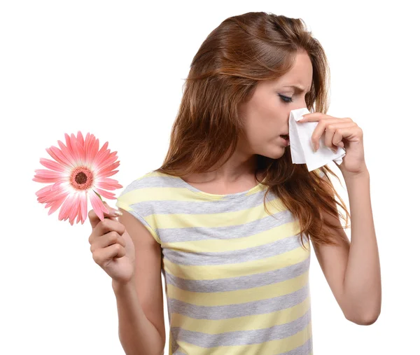 Young girl with allergy isolated on white — Stock Photo, Image