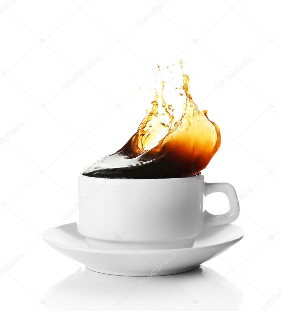 Cup of coffee with splashes, isolated on white