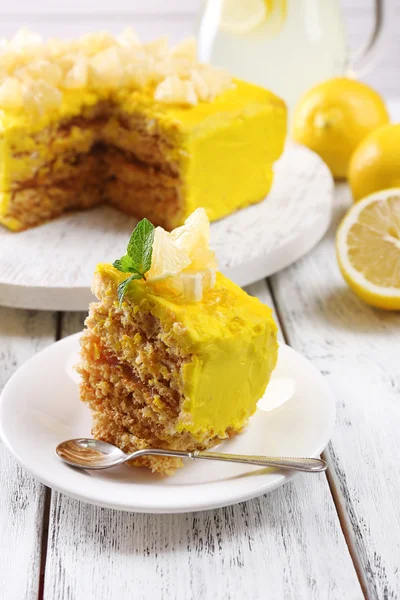 Tasty lemon dessert on wooden table — Stock Photo, Image