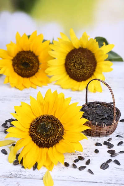 Sunflowers with seeds on table close-up — Stock Photo, Image