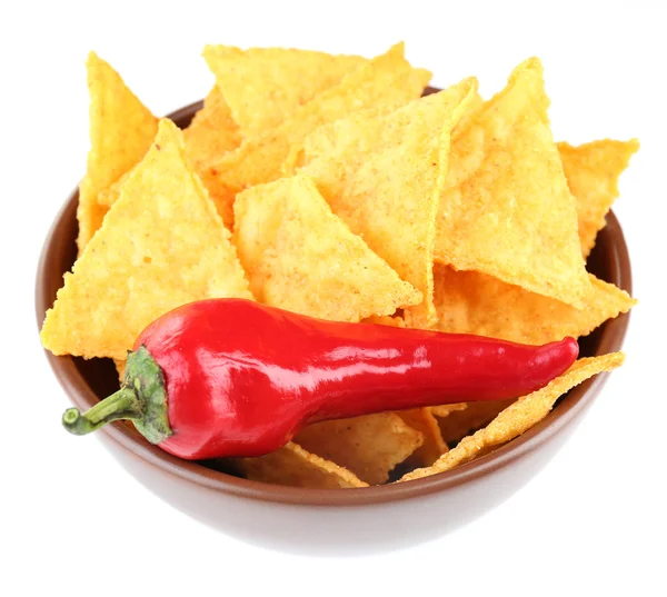 Tasty nachos  on color bowl, isolated on white — Stock Photo, Image