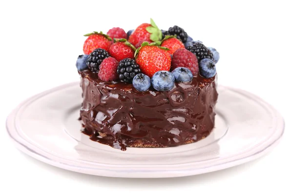 不同的浆果，孤立的白色衬底上的美味巧克力蛋糕 — 图库照片