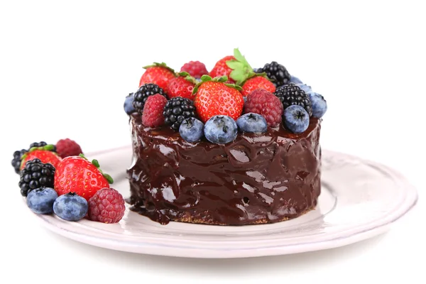 Tasty chocolate cake with different berries, isolated on white — Stock Photo, Image