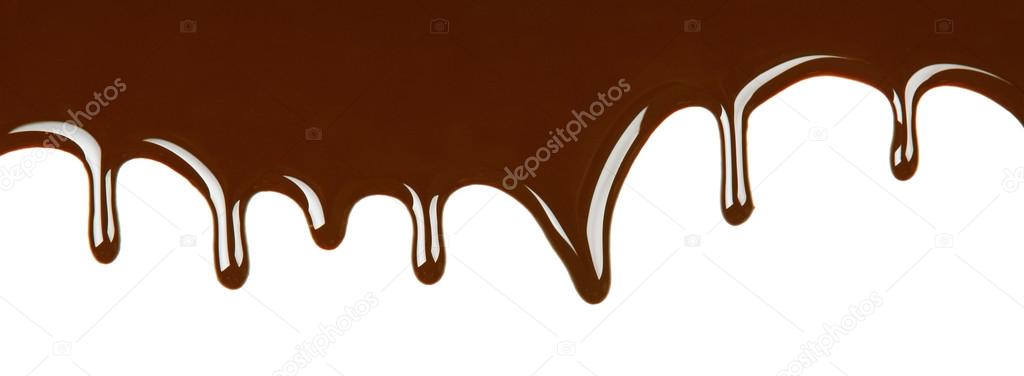 Melted chocolate dripping on white background