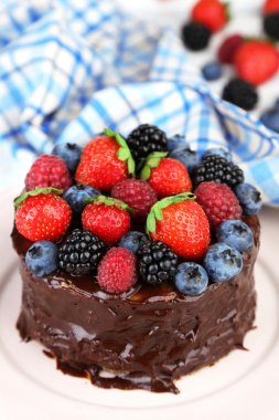 smakelijke chocolate cake met verschillende bessen, op plaat
