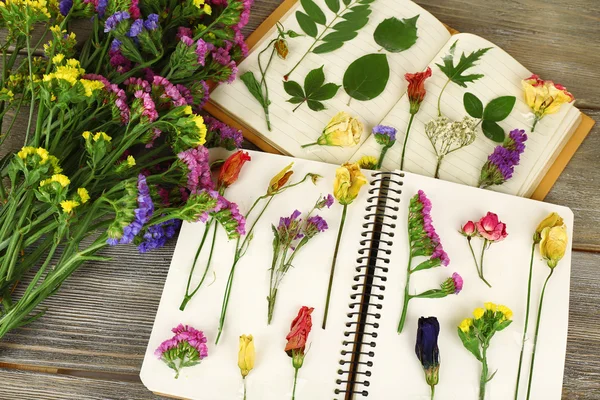 Composition with flowers and dry up plants on notebooks on table close up — Stock Photo, Image