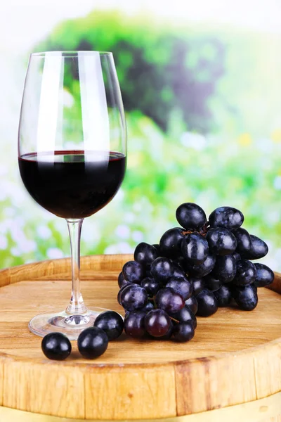 Tasty wine and ripe grape on green nature background — Stock Photo, Image