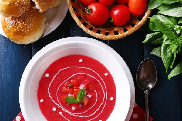 Gazpacho soup on color wooden background — Stock Photo, Image