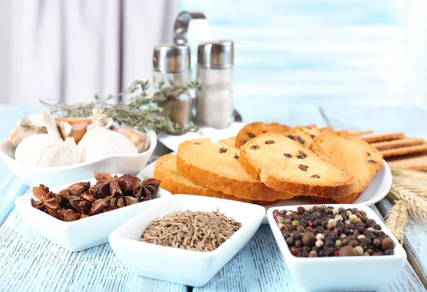 Homemade croutons on table in kitchen, close up — Stock Photo, Image