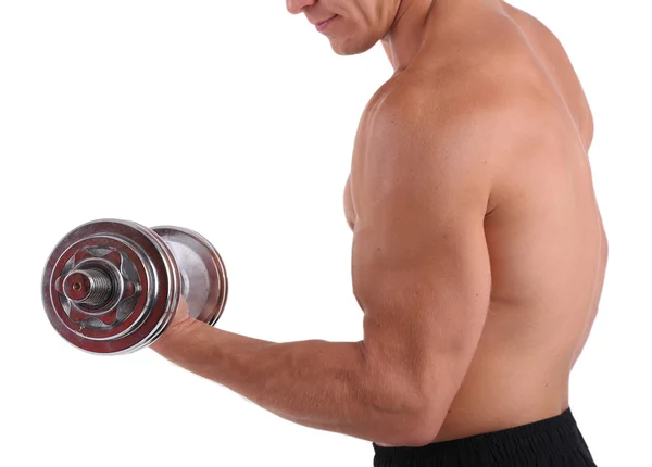 Jovem desportista muscular executar exercício com halteres isolados em branco — Fotografia de Stock