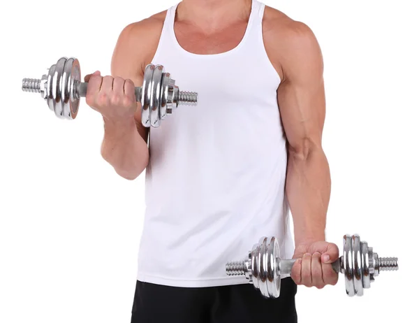 Genç kaslı sporcu üzerinde beyaz izole dumbbells ile egzersiz yürütmek — Stok fotoğraf