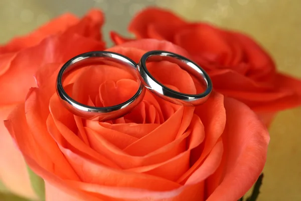 Anillos de boda en ramo de boda, primer plano, sobre fondo brillante — Foto de Stock