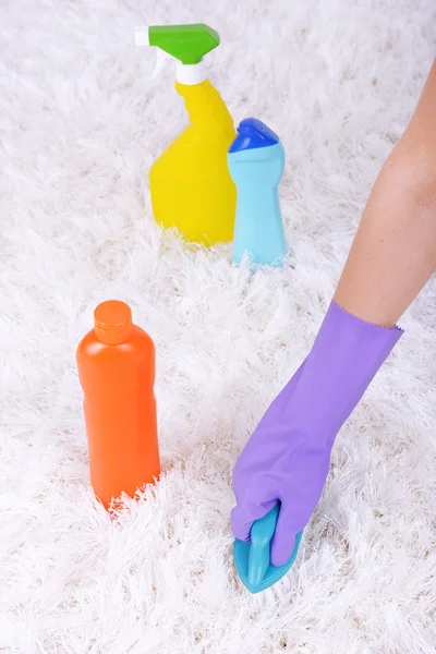 Cleaning carpet with brush — Stock Photo, Image