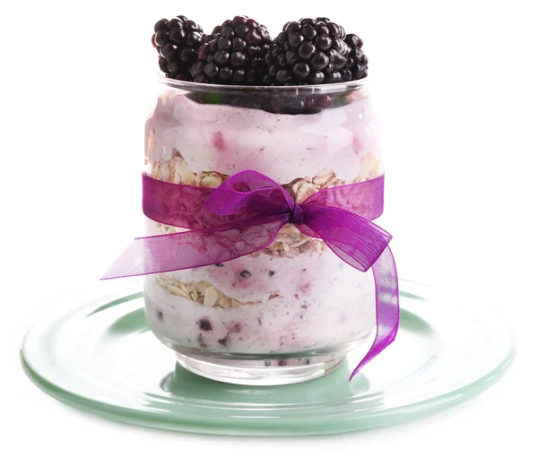 Healthy breakfast - yogurt with  blackberries and muesli served in glass jar, isolated on white — Stock Photo, Image