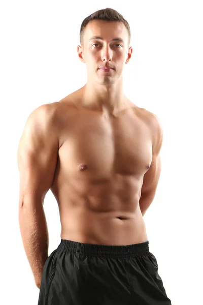 Bello muscolare giovane uomo isolato su bianco — Foto Stock