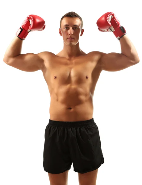 Guapo joven deportista muscular con guantes de boxeo aislados en blanco —  Fotos de Stock