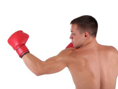 yakışıklı genç kaslı sporcu ile boks eldivenleri üzerine beyaz izole