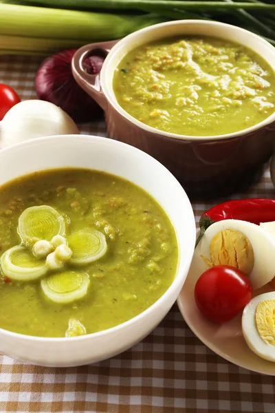 Leek soup on table, close up — Stock Photo, Image