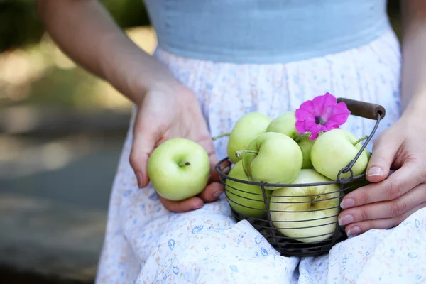 Panier de pommes aux mains de la fille — Photo