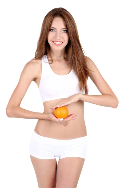 白で隔離されるオレンジを持つ若い女性 — ストック写真